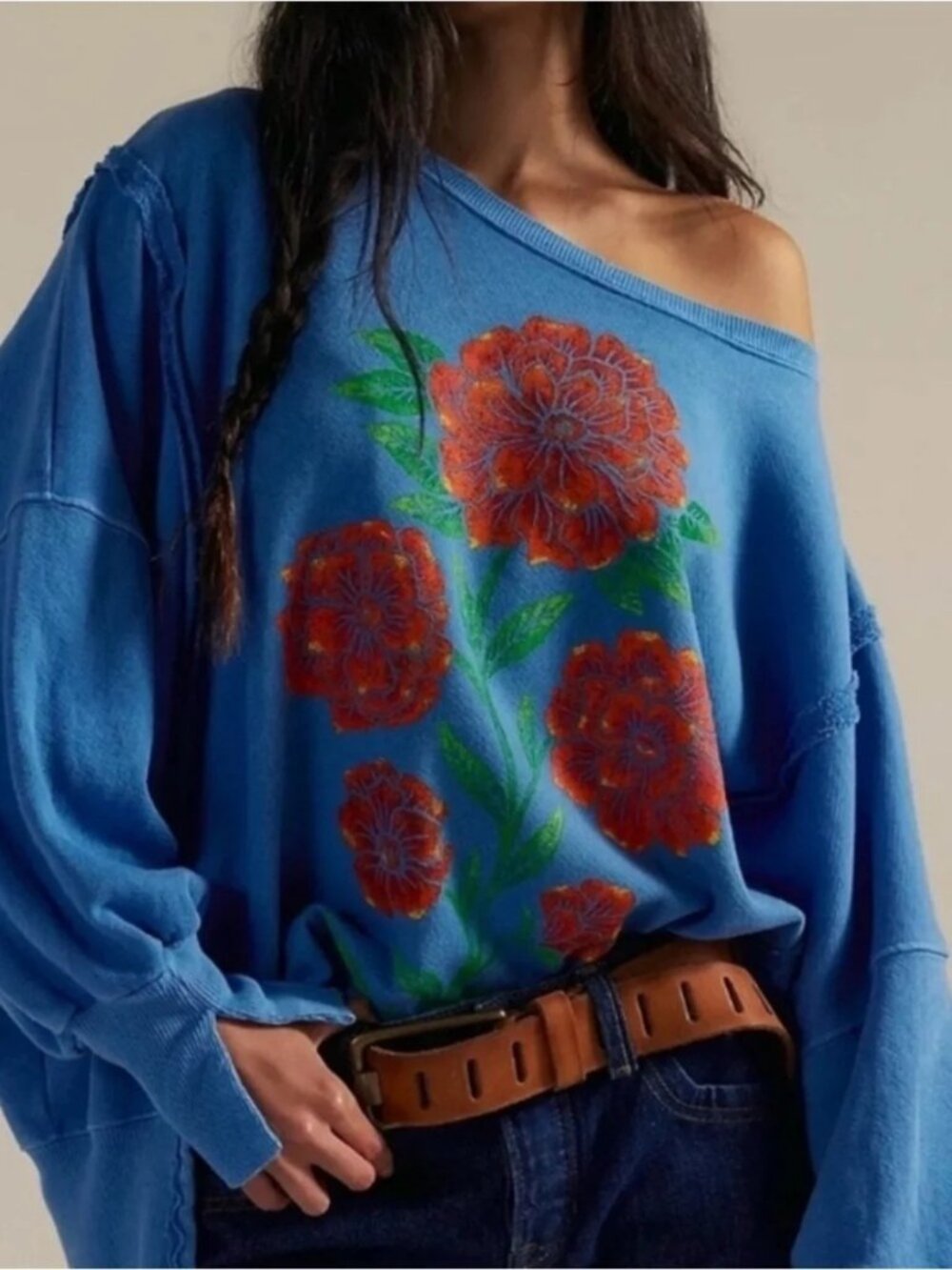 Free People Graphic Camden Pullover Athleisure Swedish Blue Flower Womens M
